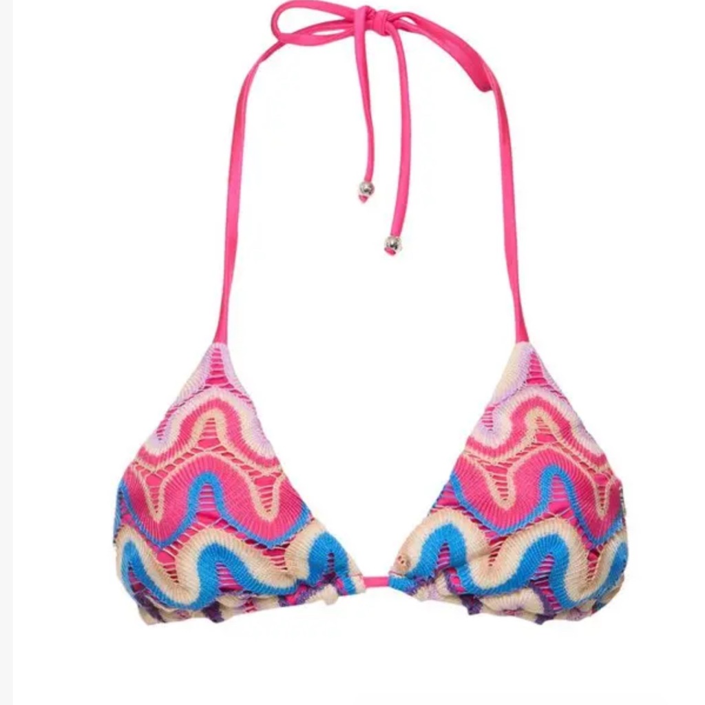 Patbo Multicolor Wavy Crochet Triangle Bikini Top - Pink, Blue, Cream